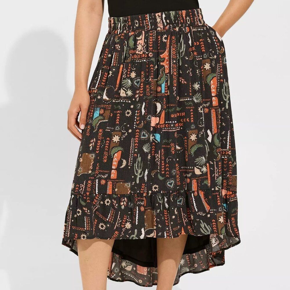 Torrid Western Cactus Boho Midi Gauze Hi Low Skirt | Size 00 | Medium | Size 10